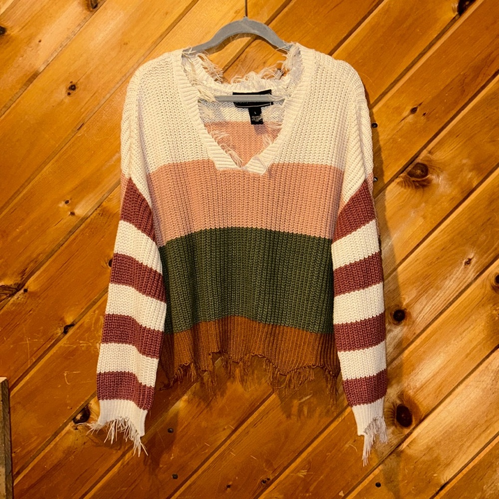 Polly & Esther frayed hem chunky knit striped sweater